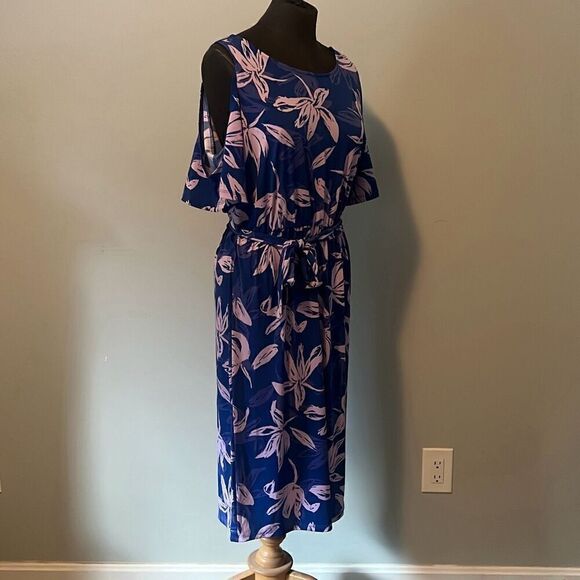 NWT Jaclyn Smith Womens Floral Cold Shoulder Dress Blue - Picture 6 of 9